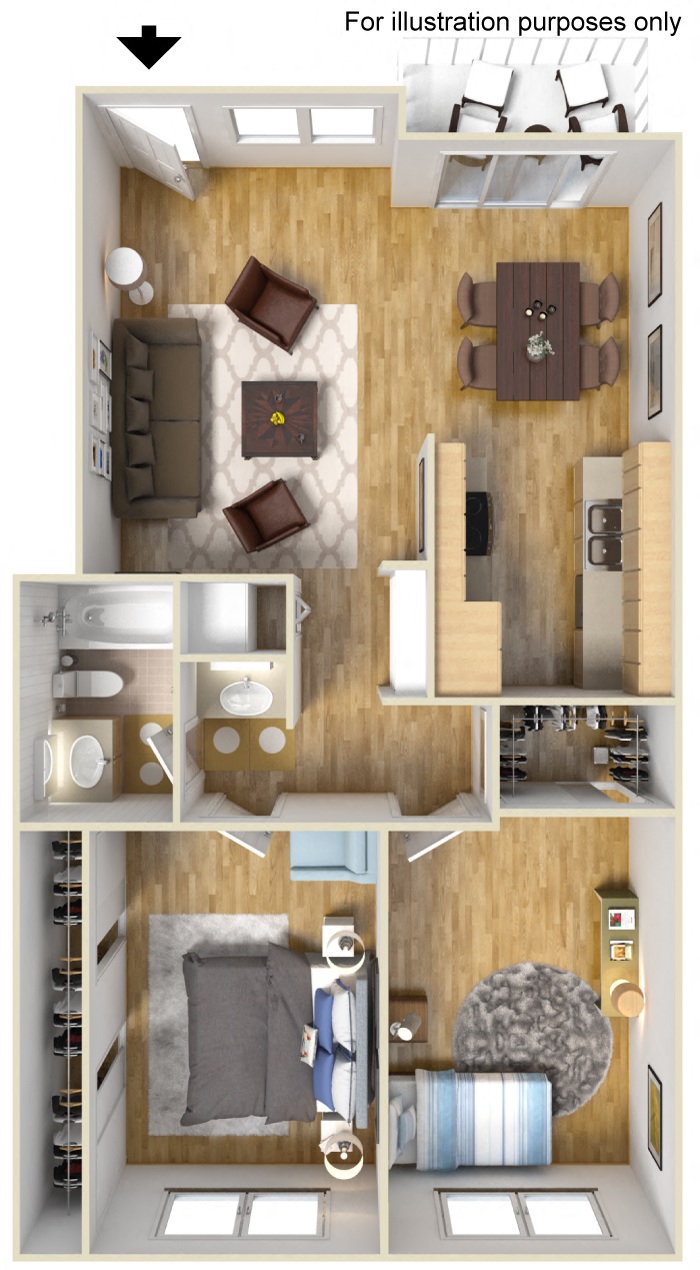 Floor plan for 2 beds, 1 bath, 900 sqft